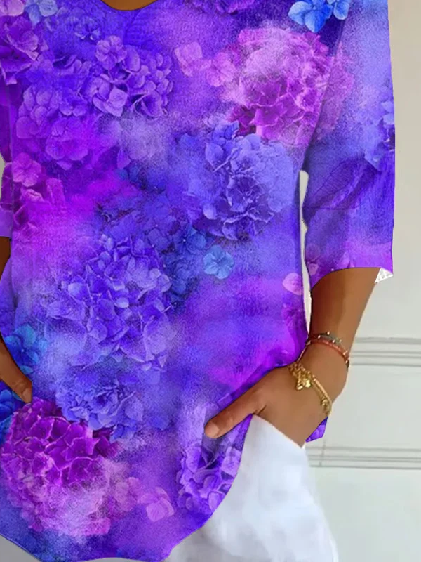 Women's Three Quarter Sleeve T-shirt Spring/Fall Purple Floral Printing V Neck Daily Going Out Casual Top