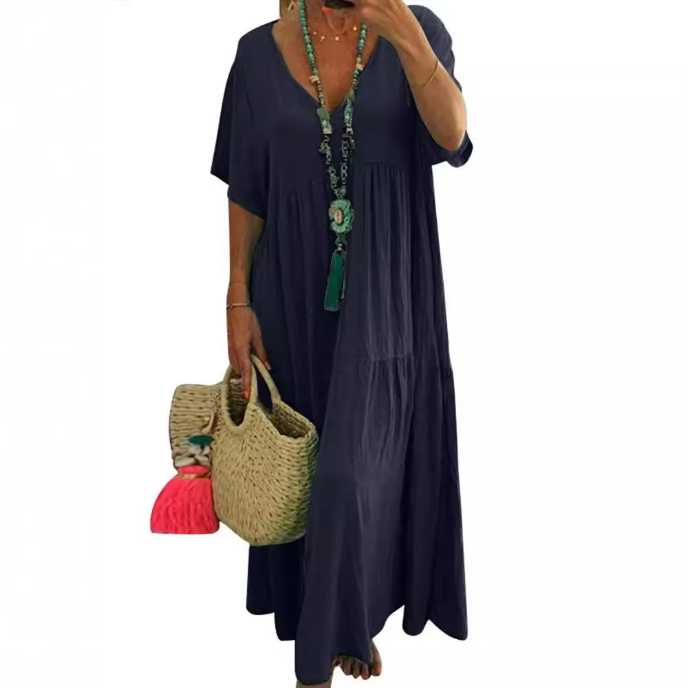 V-neck irregular long flared dress