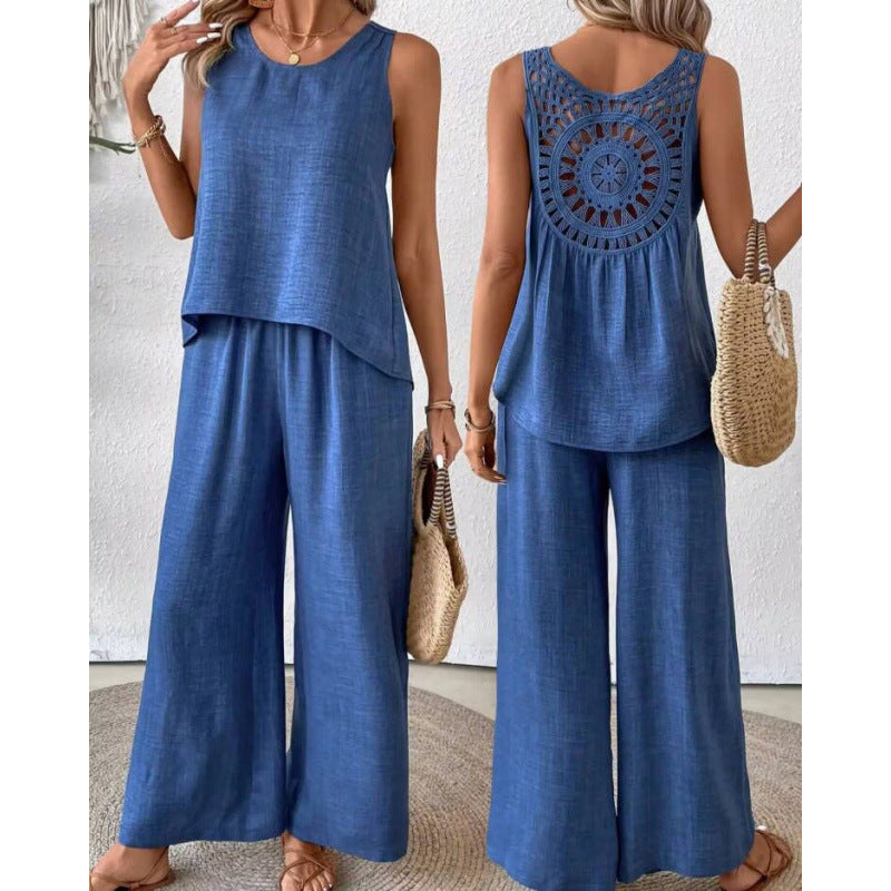 Women's Lace hollow Back Two-Piece Set | Sleeveless Top & Wide Leg Pants Casual Outfit