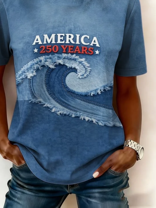 Women's Short Sleeve T-shirt Summer Blue Text Letters Printing Jersey Crew Neck Daily Going Out Casual Top