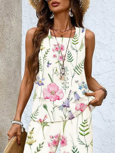 Women's Floral Spring Print Casual Tank Top Pants Two Piece Suit