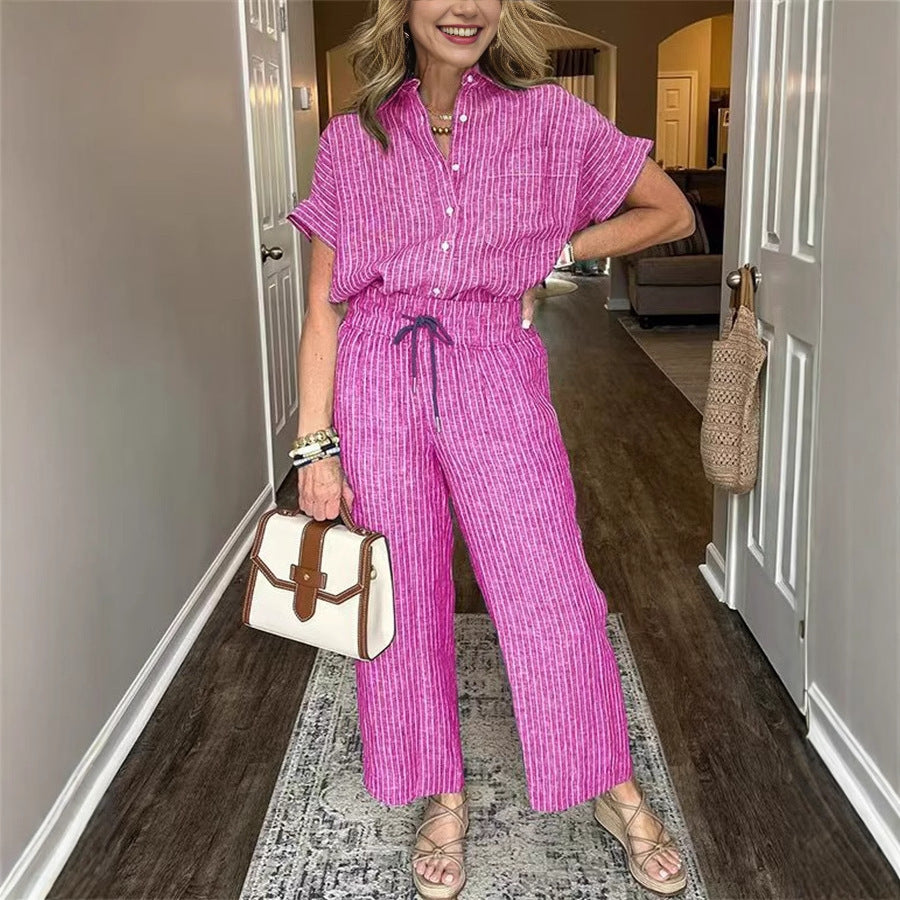 Women's Striped Cotton Linen Two-Piece Set | Short Sleeve Lapel Shirt & Drawstring Wide Leg Pants