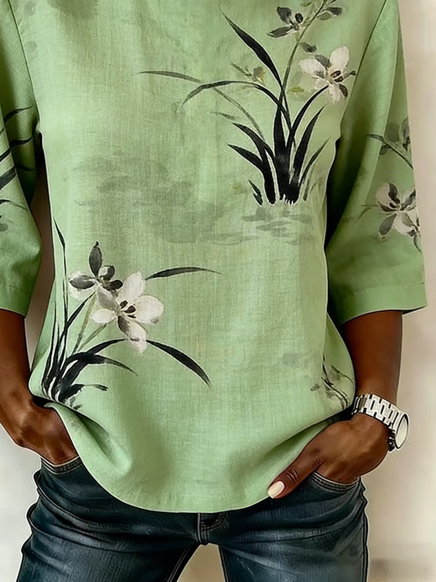 Women's Half Sleeve Blouse Summer Green Floral Printing Crew Neck Daily Going Out Vintage Top