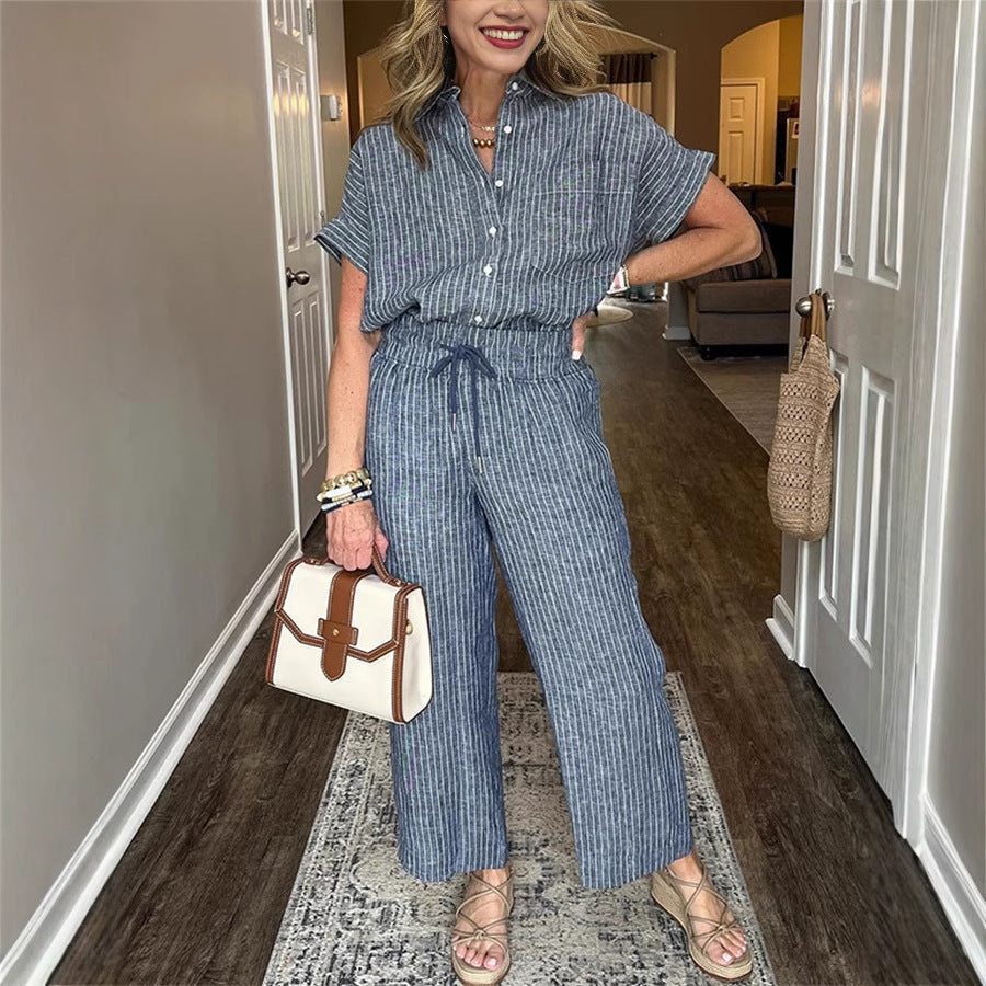 Women's Striped Cotton Linen Two-Piece Set | Short Sleeve Lapel Shirt & Drawstring Wide Leg Pants