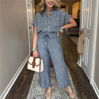 Women's Striped Cotton Linen Two-Piece Set | Short Sleeve Lapel Shirt & Drawstring Wide Leg Pants