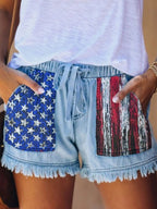 American Flag Denim Blue Straight Leg  Fake Fly  Elastic Waist Shorts