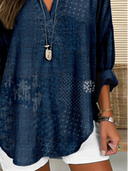 Women's Long Sleeve Blouse Spring/Fall Purplish blue Abstract Printing Cotton-Blend V Neck Daily Going Out Casual Top