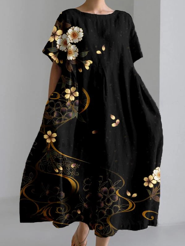 Women's Artistic Floral Print Vintage Round Neck Pleated Maxi Dress