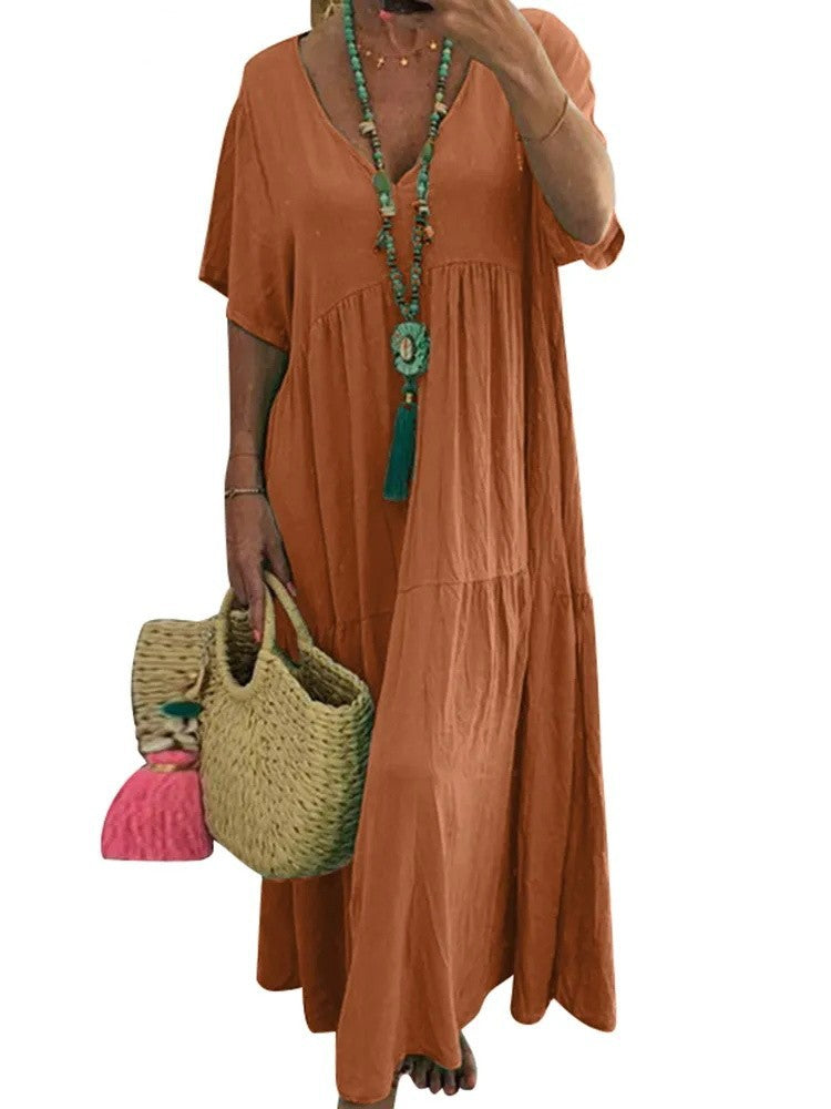 V-neck irregular long flared dress
