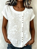 3D Printing Casual Linen Blend Crew Neck Loose Casual Top
