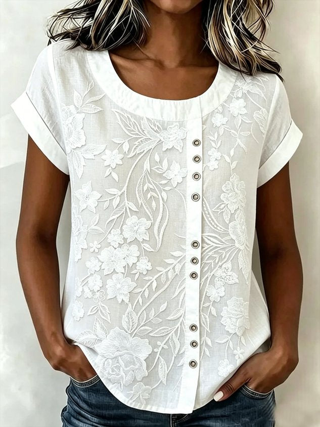 3D Printing Casual Linen Blend Crew Neck Loose Casual Top
