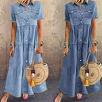 Solid color single-breasted denim dress