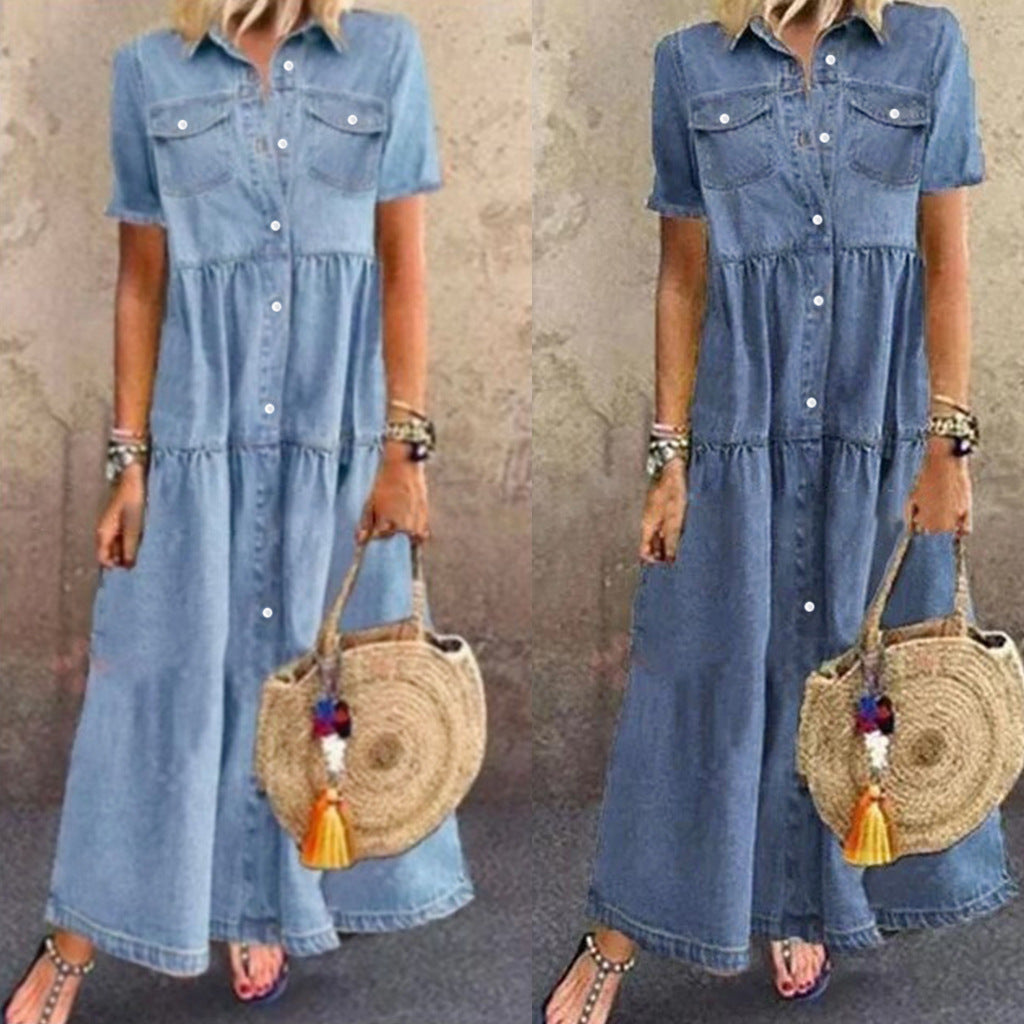 Solid color single-breasted denim dress