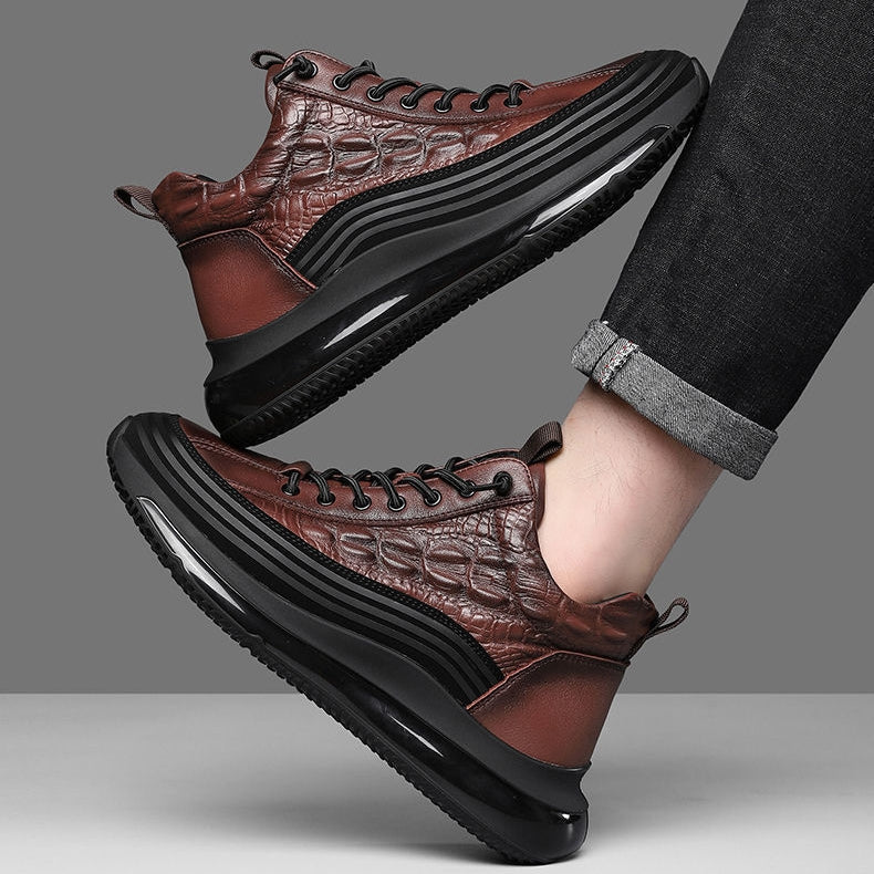 Mens Crocodile Print Genuine Leather Non-slip Arch Support Casual Sneakers