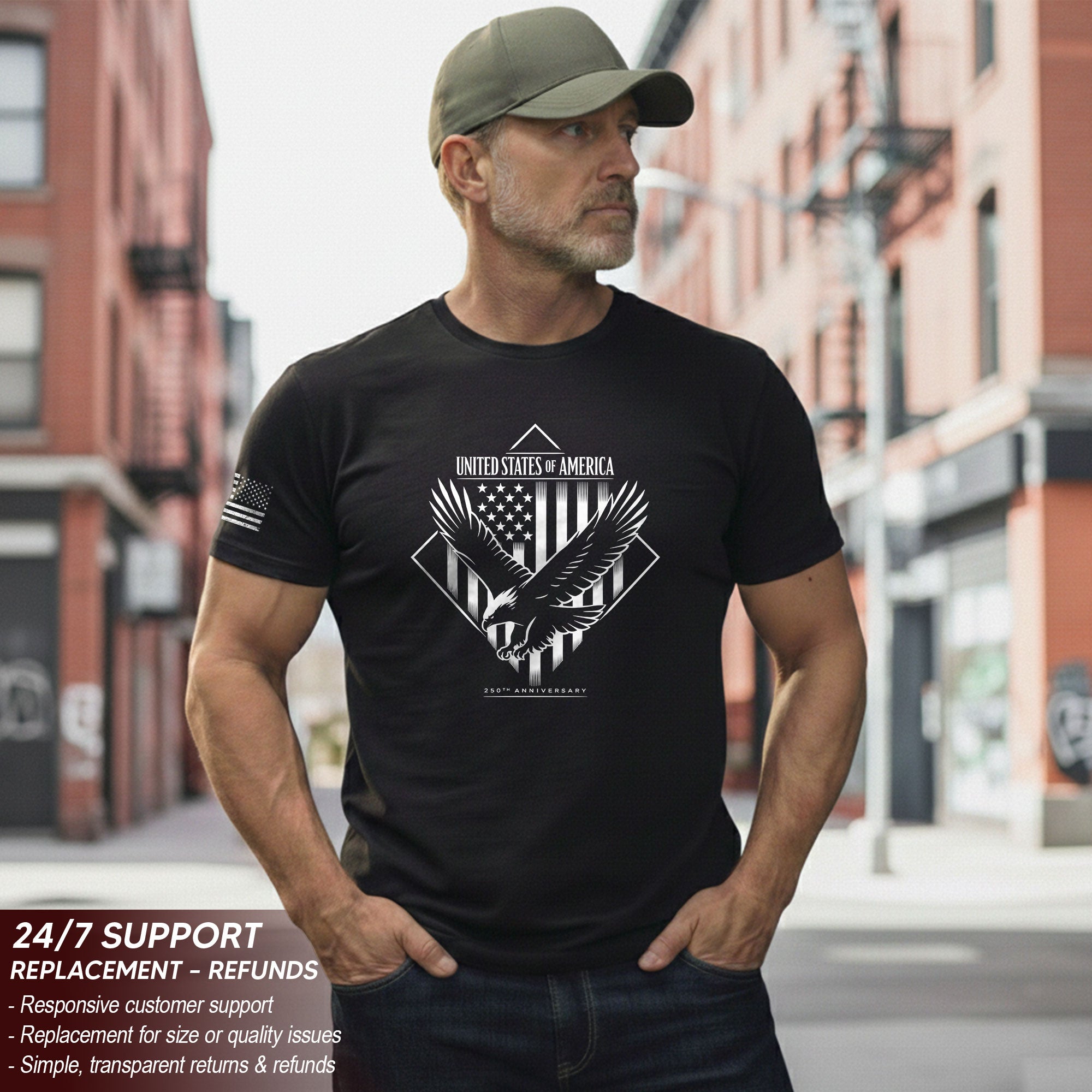 America 250th Anniversary T-Shirt - White Eagle & Flag 1776-2026 250 Years Minimalist Men's Tee