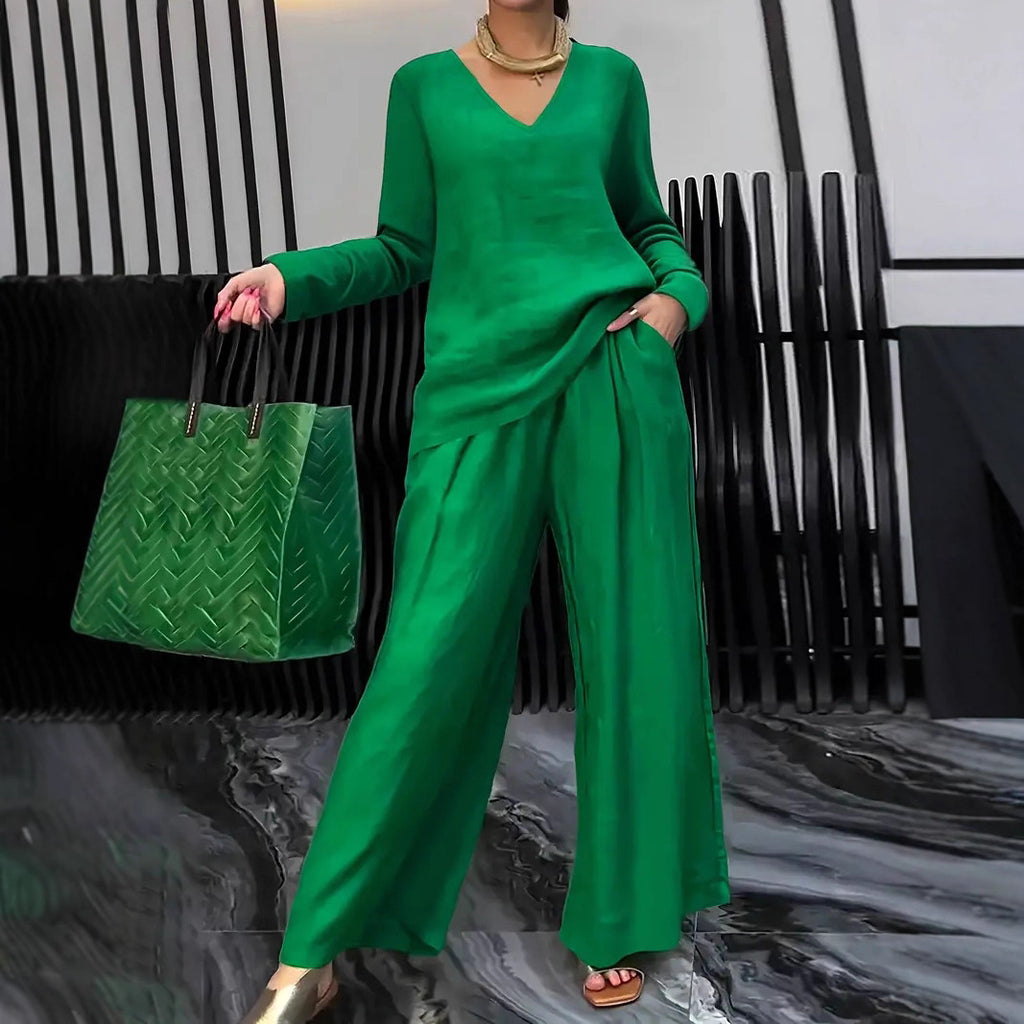Women's V-Neck Two-Piece Set | Long Sleeve Top & Wide Leg Pants Casual Outfit
