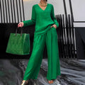 Women's V-Neck Two-Piece Set | Long Sleeve Top & Wide Leg Pants Casual Outfit