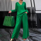 Women's V-Neck Two-Piece Set | Long Sleeve Top & Wide Leg Pants Casual Outfit