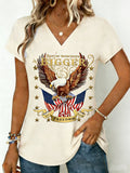 Letter Print V Neck Short Sleeve 250th Anniversary Casual T-Shirt