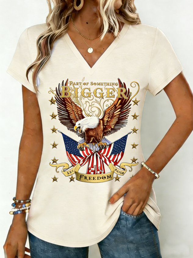 Letter Print V Neck Short Sleeve 250th Anniversary Casual T-Shirt