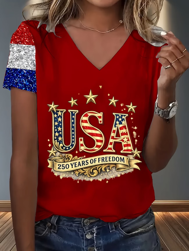 Women's Short Sleeve T-shirt Summer Red America Flag Jersey V Neck Holiday Going Out Casual Top