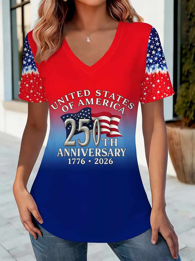 Women's Short Sleeve T-shirt Summer As Picture America Flag Jersey V Neck Holiday Going Out Casual Top