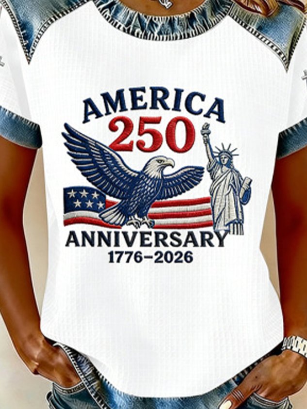 250th anniversary Crew Neck Independence Day Color Block Waffle Casual Regular Fit T-Shirt