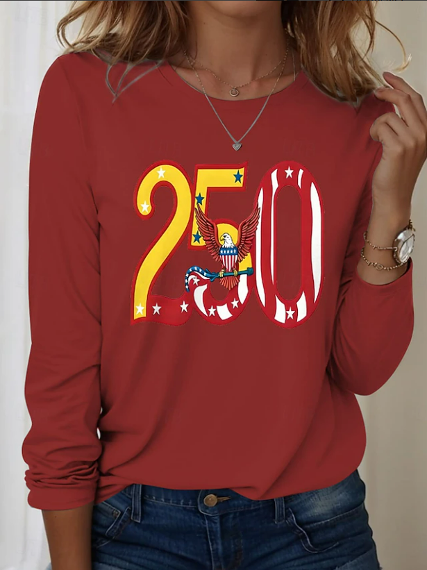 Women's Long Sleeve T-shirt Spring/Fall Red Independence Day (Flag) Printing Jersey Crew Neck Daily Going Out Casual Top