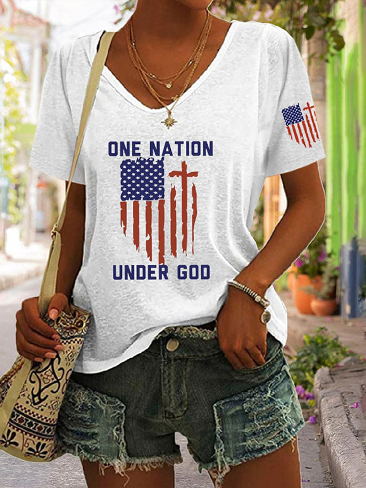 Women's Independence Day Flag One Nation Under God Print Casual T-Shirt