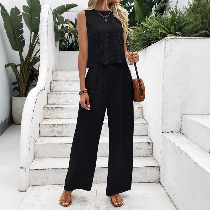 Women's Scallop Hem Two-Piece Set | Sleeveless Back Tie Top & Wide Leg Pants Casual Outfit