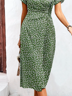 Floral V Neck Buttoned Casual Dress
