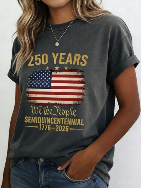 Letter Print Crew Neck Cotton  Casual T-Shirt
