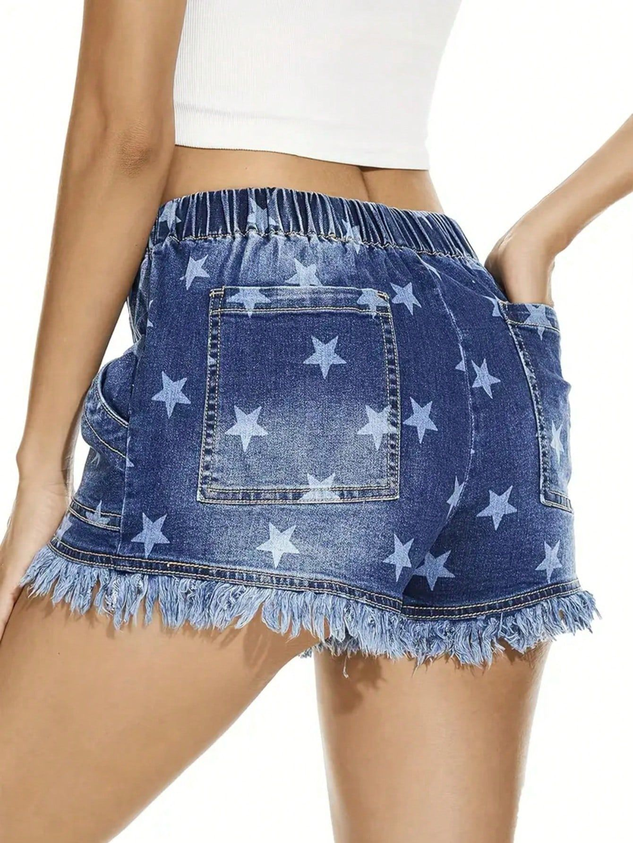 Independence Day Star Printed Denim Blue Straight Leg  Fake Fly  Elastic Waist Shorts