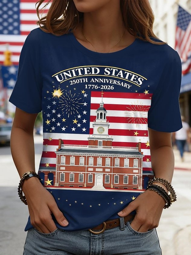 Casual Loose Crew Neck America Flag T-Shirt