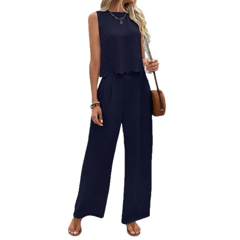 Women's Scallop Hem Two-Piece Set | Sleeveless Back Tie Top & Wide Leg Pants Casual Outfit