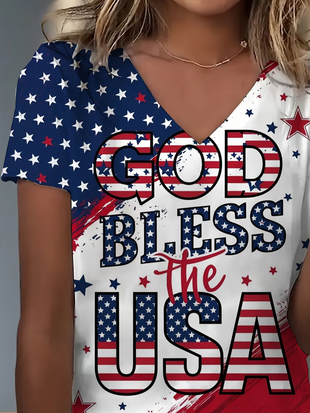 Women's Short Sleeve T-shirt Summer As Picture America Flag Jersey V Neck Holiday Going Out Casual Top