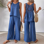 Women's Lace hollow Back Two-Piece Set | Sleeveless Top & Wide Leg Pants Casual Outfit
