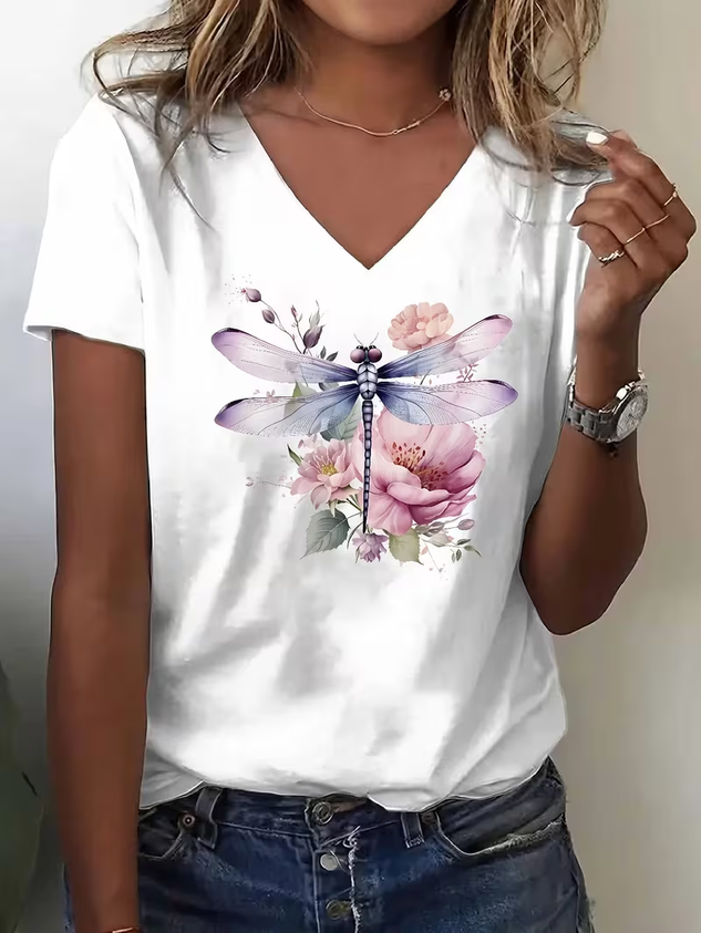 Women's Short Sleeve T-shirt Summer White Dragonfly Printing V Neck Holiday Going Out Vintage Top