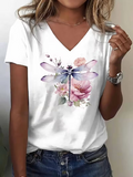 Women's Short Sleeve T-shirt Summer White Dragonfly Printing V Neck Holiday Going Out Vintage Top