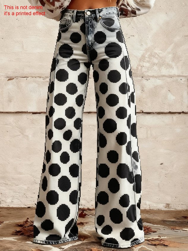 3D Printing Vintage 250th Anniversary Denim Look/Denim Effect Mid Waist Wide Leg Polka Dots Casual Pants