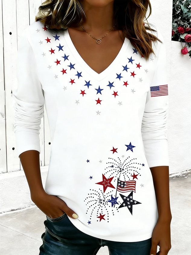 America Flag V Neck Casual Cotton T-Shirt