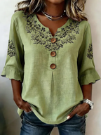 Women's Half Sleeve Blouse Summer Green Floral Printing V Neck Daily Going Out Vintage Top