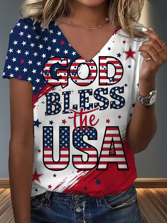 Women's Short Sleeve T-shirt Summer As Picture America Flag Jersey V Neck Holiday Going Out Casual Top