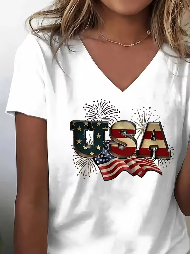 Women's USA 250th Anniversary Short Sleeve T-shirt Summer White Text Letters Jersey V Neck Holiday Going Out Casual Top