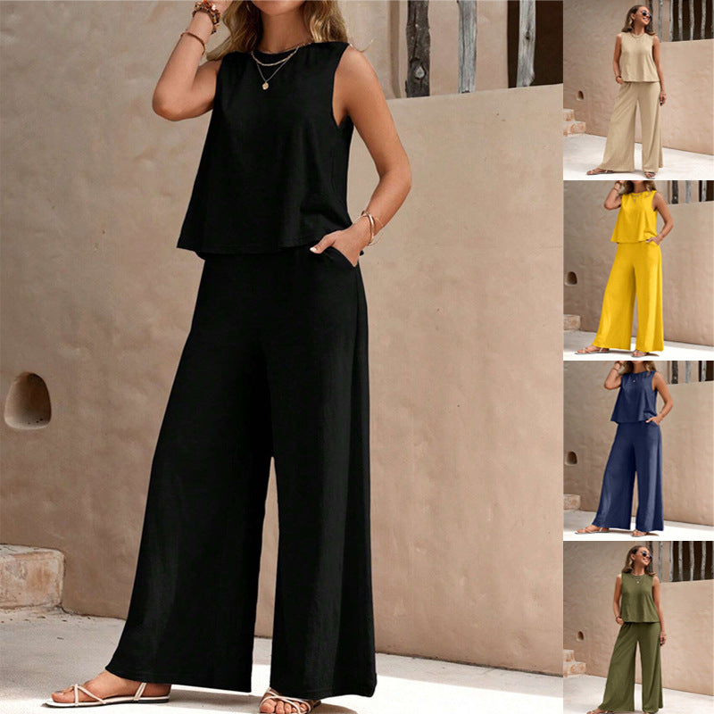 Women's Sleeveless Two-Piece Set | Casual Wide Leg Pants Outfit with Pockets