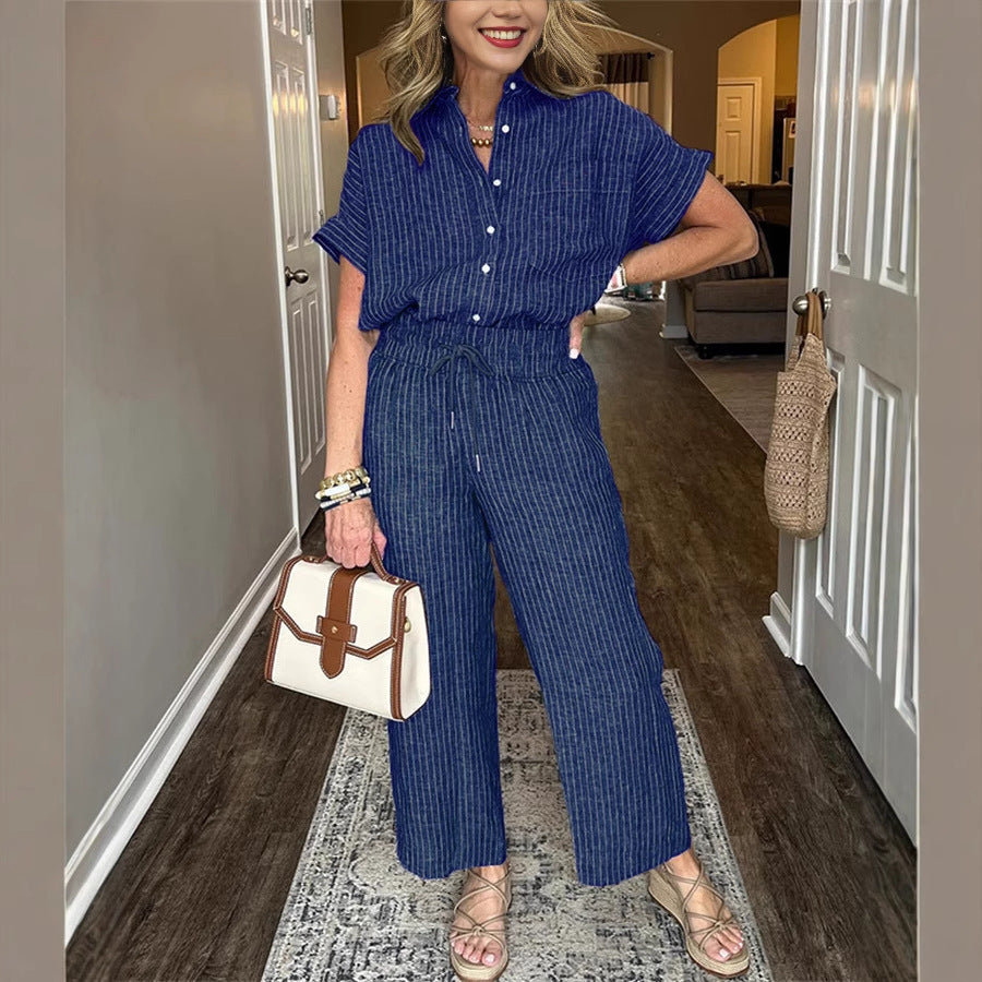 Women's Striped Cotton Linen Two-Piece Set | Short Sleeve Lapel Shirt & Drawstring Wide Leg Pants