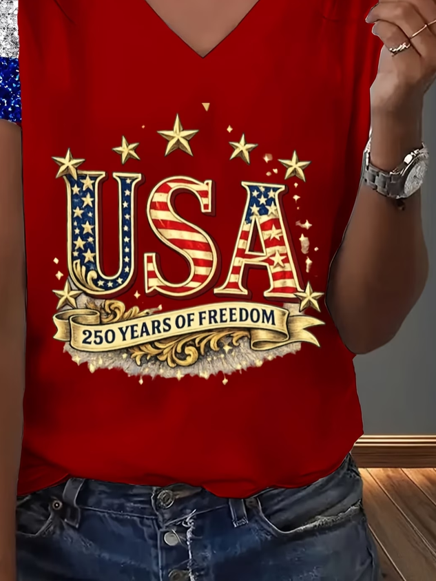 Women's Short Sleeve T-shirt Summer Red America Flag Jersey V Neck Holiday Going Out Casual Top