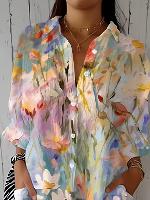 Women's Three Quarter Sleeve Shirt Spring/Fall As Picture Floral Printing Shirt Collar Daily Going Out Casual Top