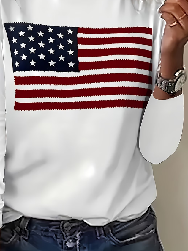 Women's Long Sleeve T-shirt Spring/Fall White America Flag Printing Jersey Crew Neck Daily Going Out Casual Top