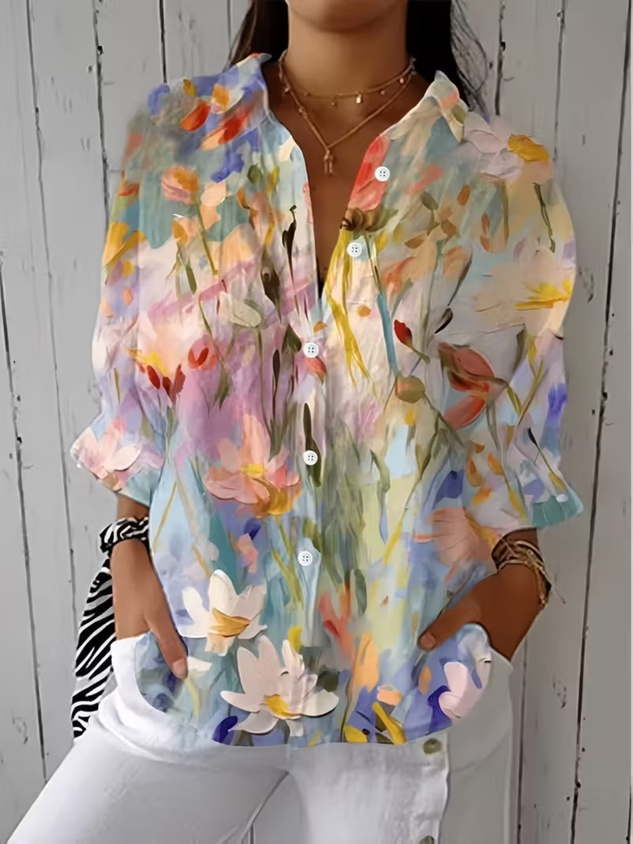 Women's Three Quarter Sleeve Shirt Spring/Fall As Picture Floral Printing Shirt Collar Daily Going Out Casual Top